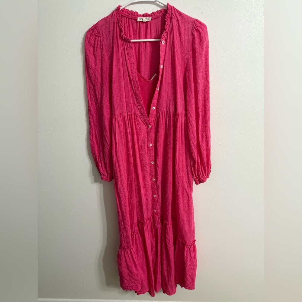 Main Strip Rayon Vibrant Pink Swiss Dot  Romantic Maxi Dress Sz S